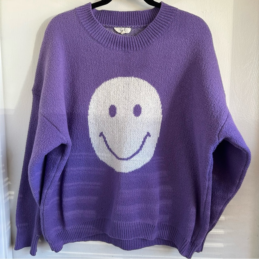 Easel Always Happy Purple Smiley Face Crew Neck Sweater  Size Large